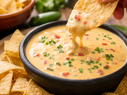 REPLACE → queso dip bubbling, chips around it